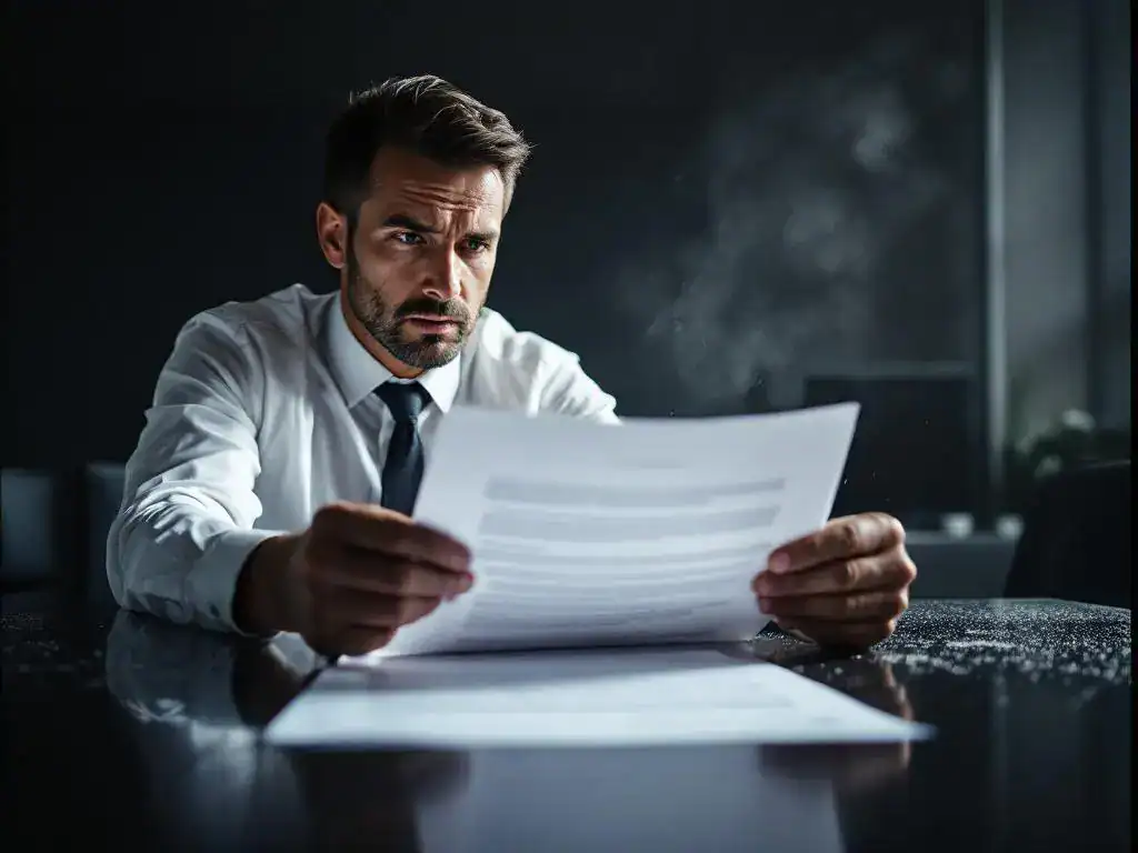 Bezorgde bedrijfsmanager bekijkt officieel waarschuwingsdocument aan conferentietafel met stofdeeltjes in de lucht
