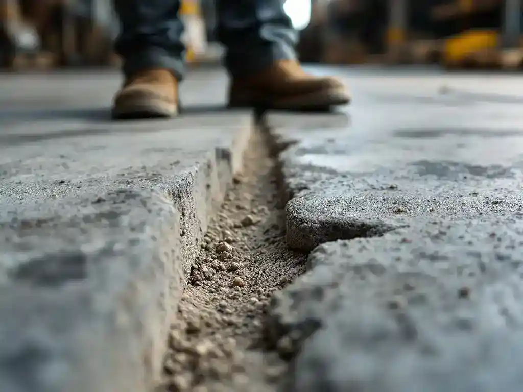 Verweerde betonvloer met textuurgroeven en stofdeeltjes, werkschoen van onderhoudsmedewerker zichtbaar in industriële loods