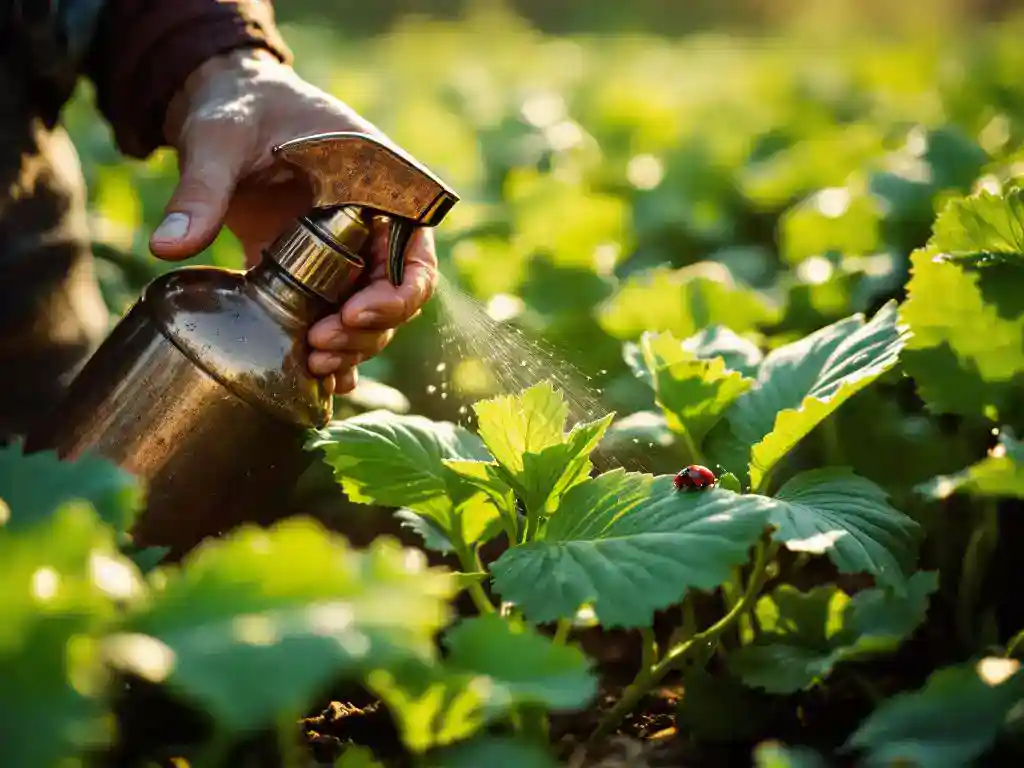 Boer spuit biologische bestrijdingsmiddelen op groene gewassen, lieveheersbeestje rust op blad, gouden zonlicht