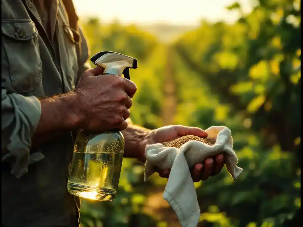 Boer houdt spuitfles en zak met natuurlijke korrels vast in groen gewasenveld tijdens gouden ochtendlicht