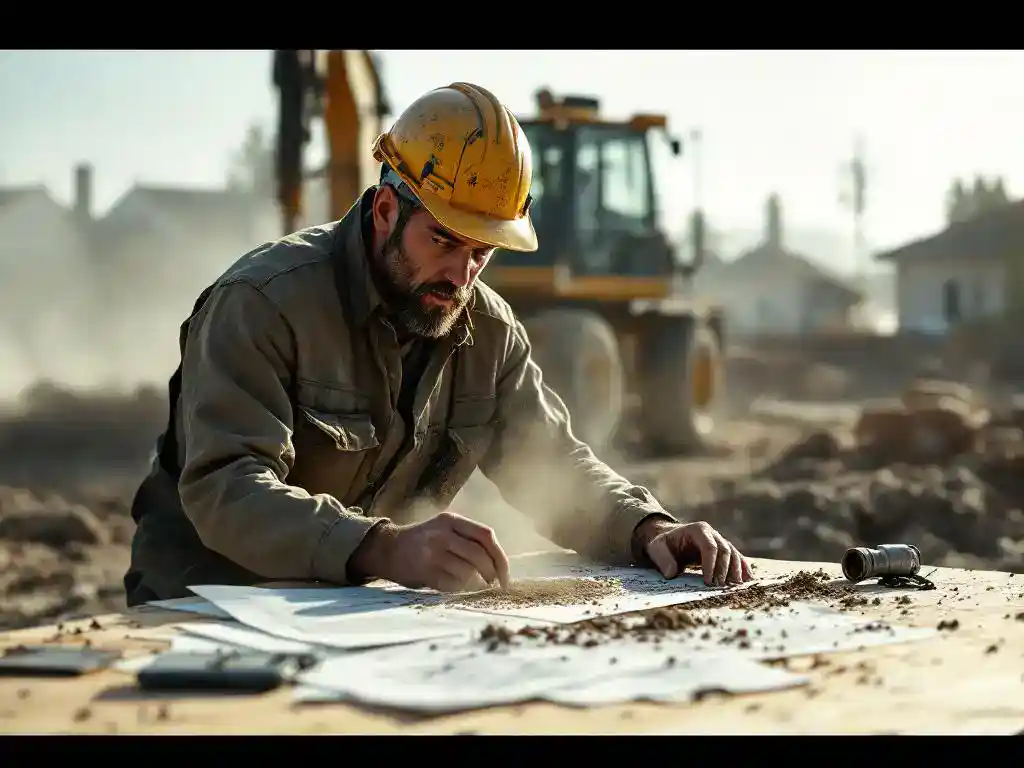 Bouwplaatsmanager in helm bekijkt juridische documenten bedekt met stof van industriële machines op bouwlocatie