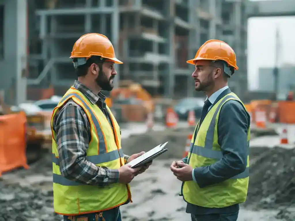 Bouwvakker in veiligheidsvest bespreekt project met gemeenteambtenaar op bouwplaats met veiligheidskegels