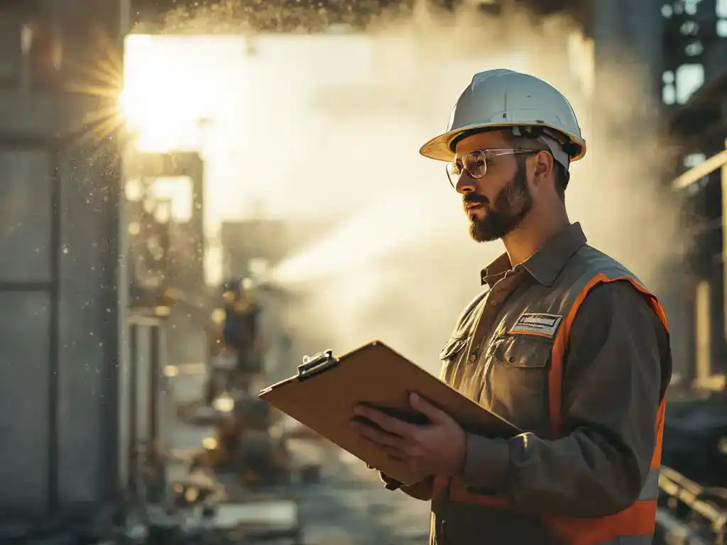 Bouwplaats supervisor met helm bekijkt milieuvergunningen terwijl stofbestrijdingssysteem water verstuift op achtergrond