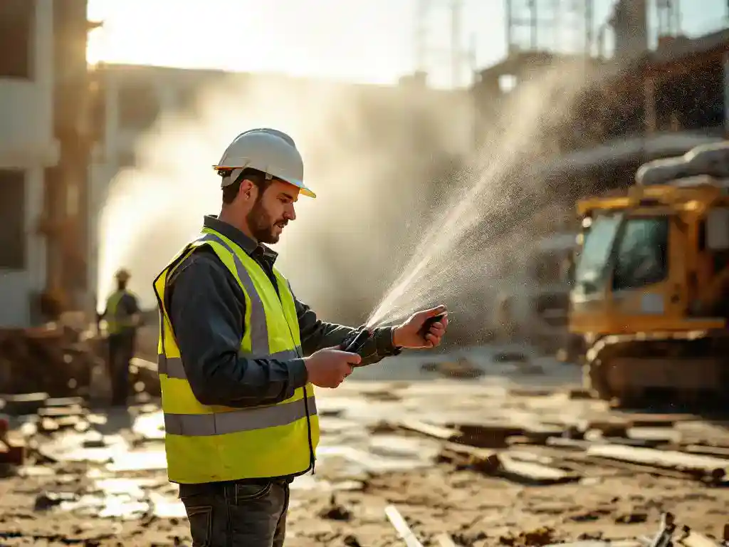 Bouwplaats supervisor in helm en veiligheidsvest inspecteert stofreductie-apparatuur met watersproeiersysteem op achtergrond