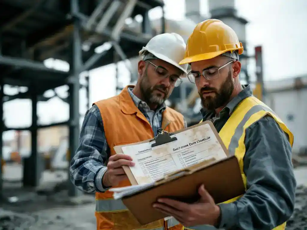 Bouwtoezichthouder met helm bekijkt stofbestrijdingslijst op klembord op industriële bouwplaats met betonmixers