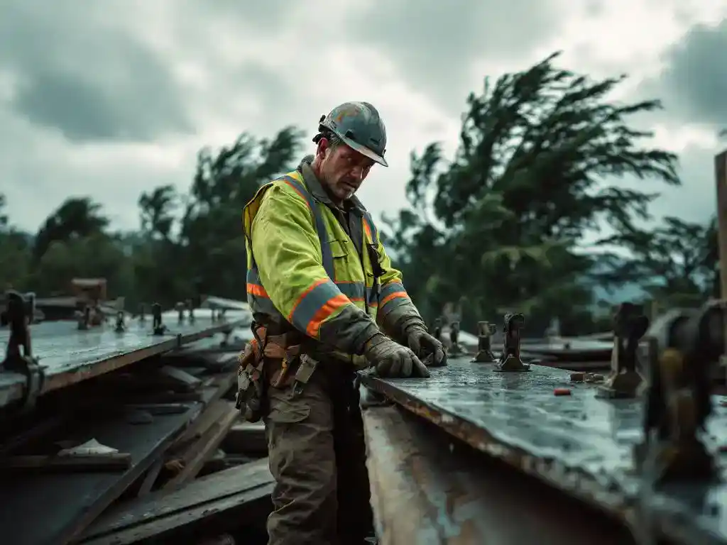 Bouwvakker in veiligheidsvest bevestigt metalen platen met spanriemen tijdens storm op bouwplaats