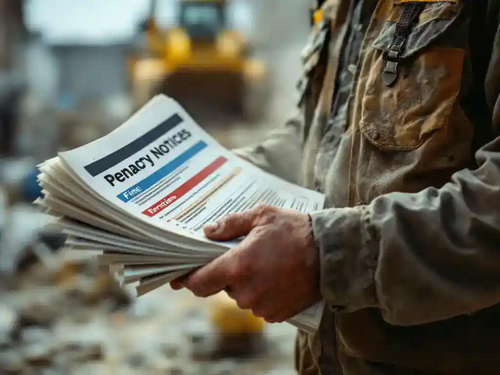 Bouwvakker houdt stapel boetedocumenten vast op stoffige bouwplaats met graafmachines op achtergrond