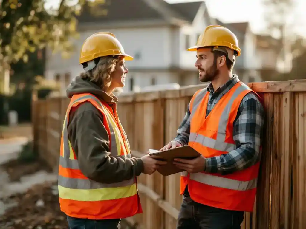 Bouwvakker in hesje bespreekt project met bezorgde buurman bij houten hek op woonbouwlocatie
