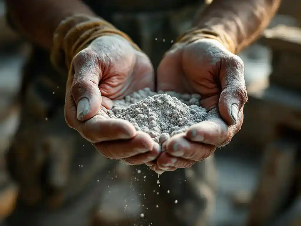 Verweerde handen die betonpoeder laten doorlopen op bouwplaats, werkhandschoenen op houten balk, gouden zonlicht