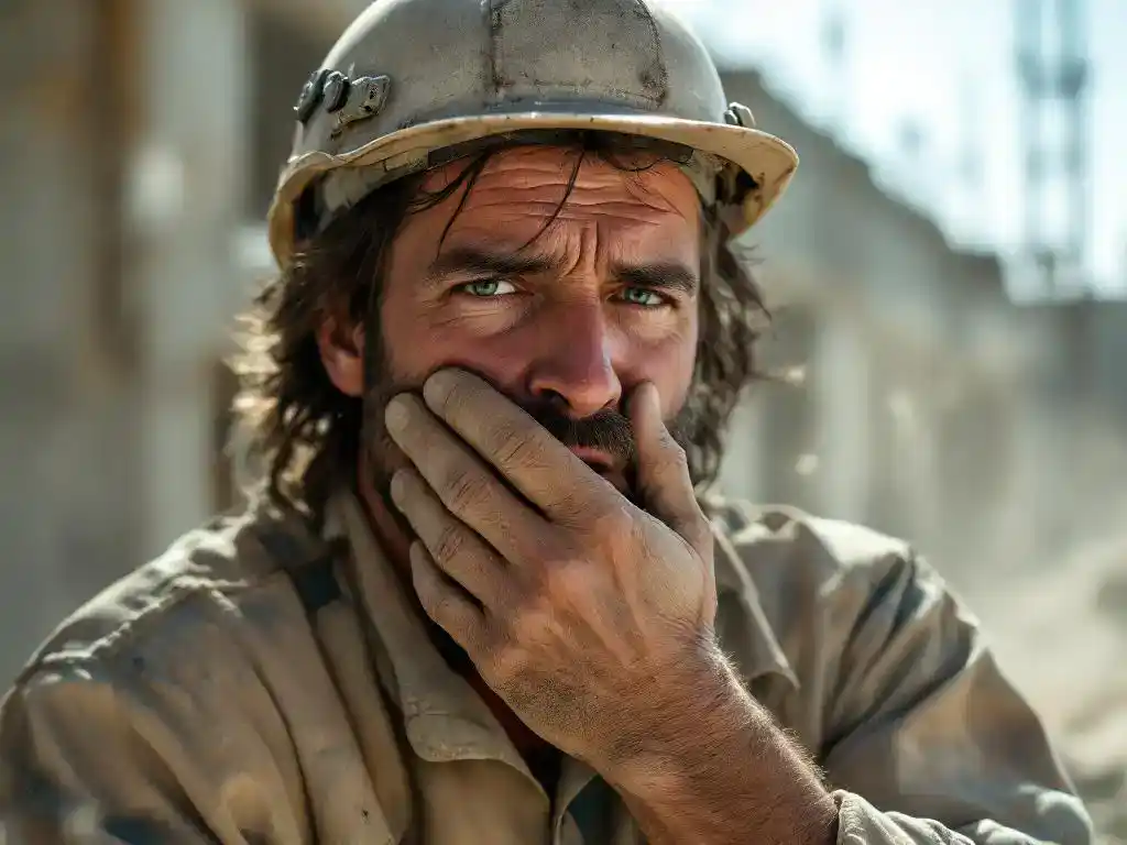 Bouwvakker bedekt mond tijdens hoesten op stoffige bouwplaats met zichtbare stofdeeltjes in de lucht