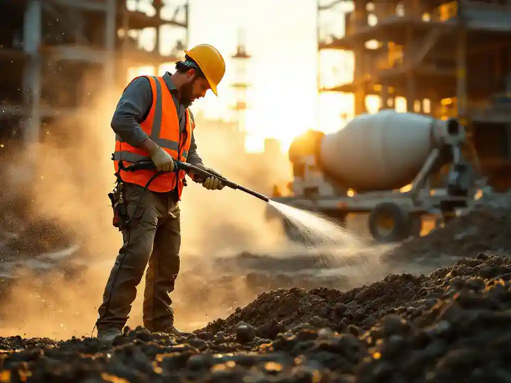 Bouwvakker in gele helm sproeit water op stoffige grond voor stofbeheersing op bouwplaats met betonmixer op achtergrond