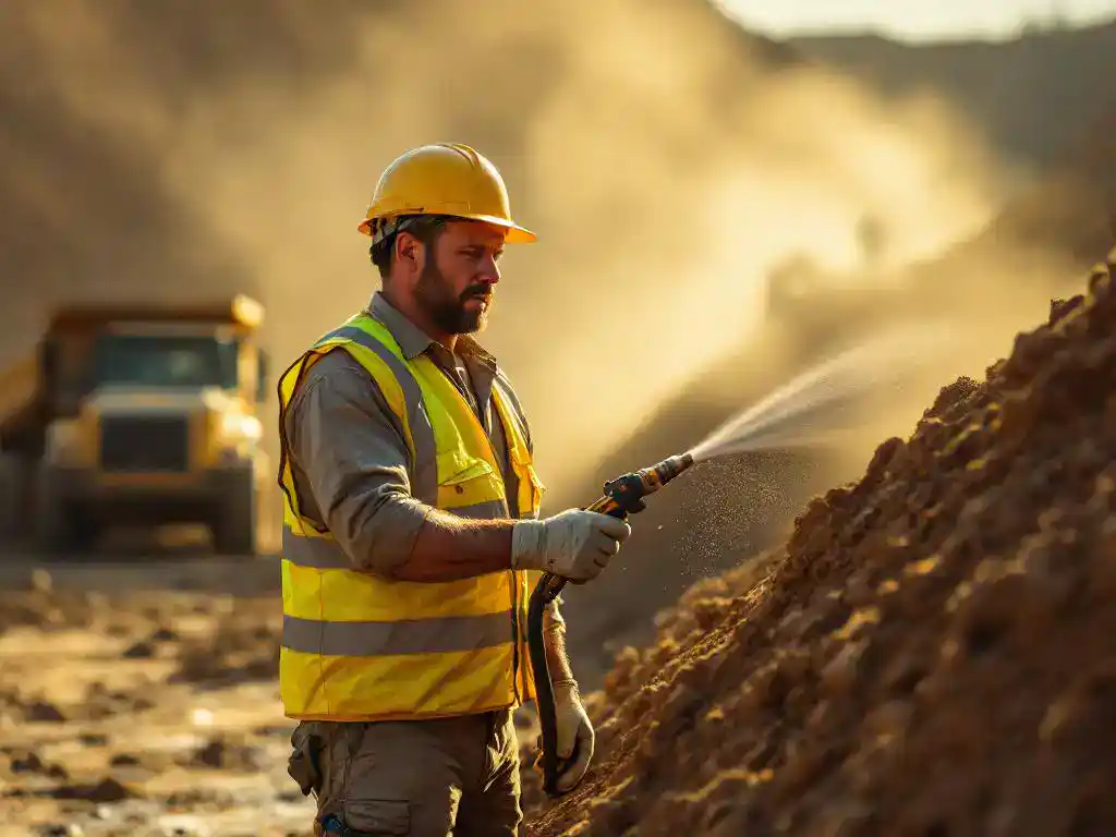 Bouwvakker in gele veiligheidsvest sproeit water op stofhoop om stofwolken te onderdrukken op bouwplaats