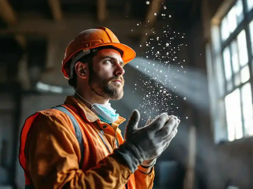 Bouwvakker in oranje hesje onderzoekt stofdeeltjes in zonnestralen in industriële loods, veiligheidsmasker om nek