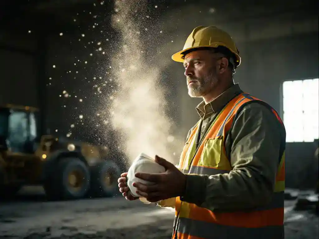 Bouwvakker in veiligheidsvest onderzoekt stofdeeltjes in zonlicht, houdt stofmasker vast in industriële omgeving