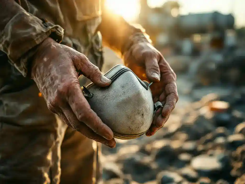Bouwvakker houdt stofmasker vast op betonmenglocatie met zichtbare stofdeeltjes in zonlicht