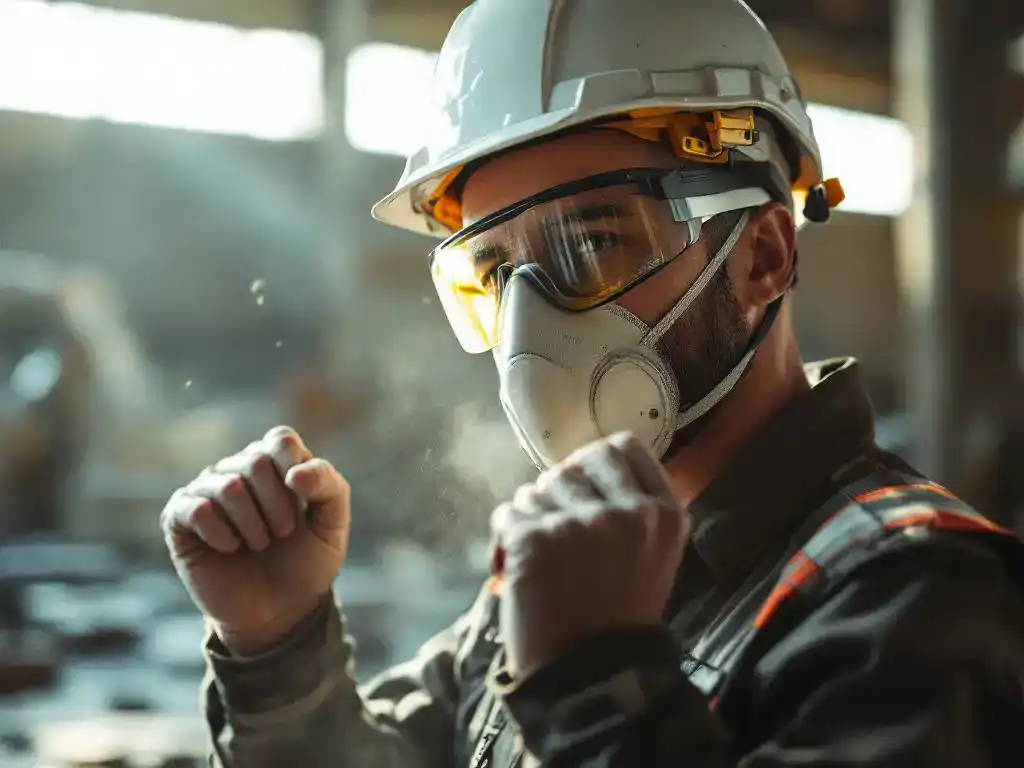 Bouwvakker met stofmasker en veiligheidsbril past beschermende uitrusting aan in industriële werkplaats met stofdeeltjes