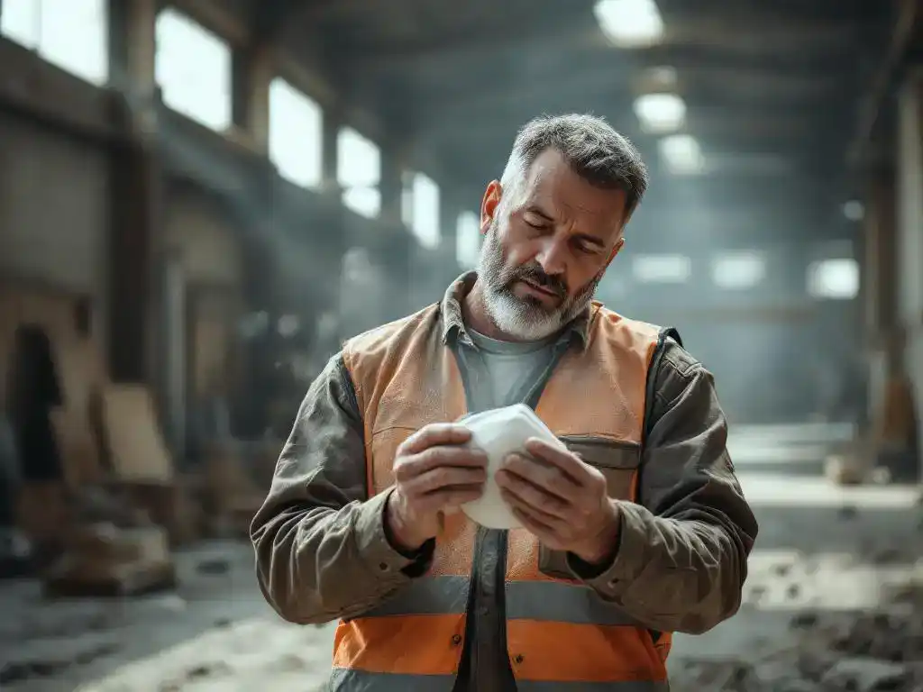 Bouwvakker inspecteert stofmasker in stoffige industriële loods met cementdeeltjes in zonlicht door hoge ramen