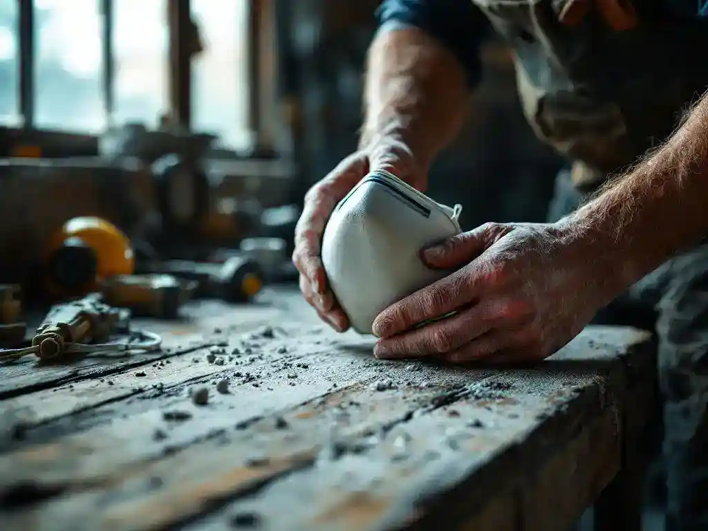 Bouwvakker houdt stofmasker vast op stoffige werkbank met gereedschap en veiligheidsspullen in industriële werkplaats