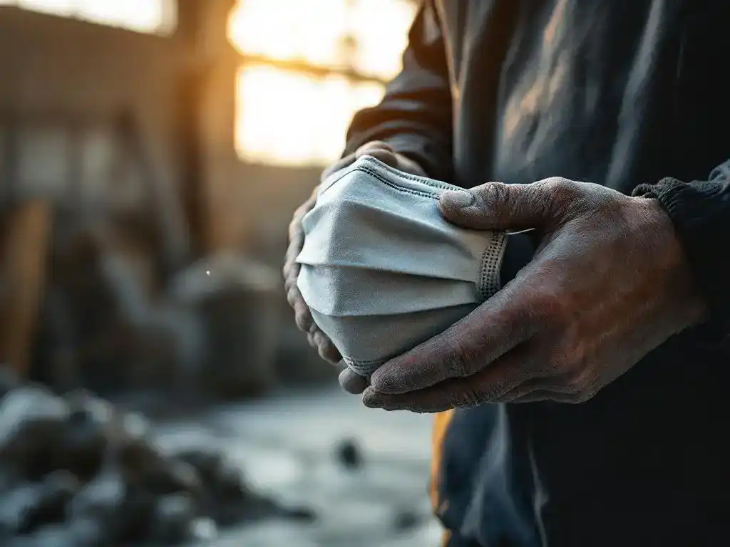 Bouwvakker houdt stoffen mondkapje vast in industriële werkplaats met betongruis op werkkleding en veiligheidsuitrusting