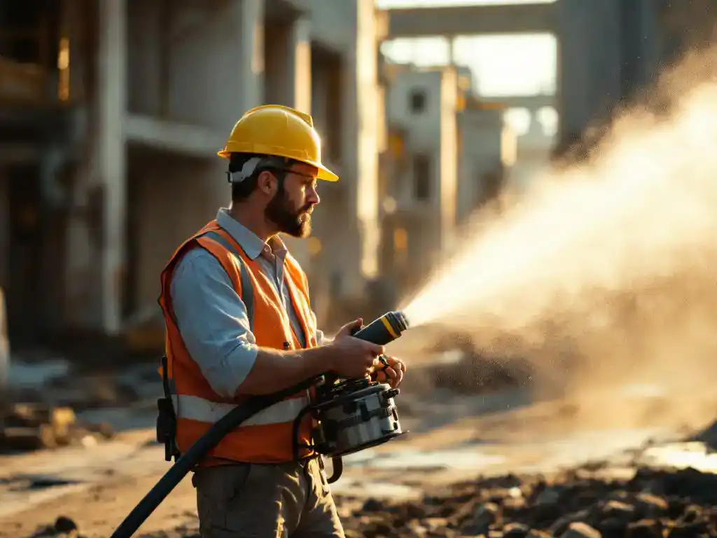 Bouwvakker in gele helm bedient industrieel stofsuppressiesysteem met waternevel op betonnen bouwplaats