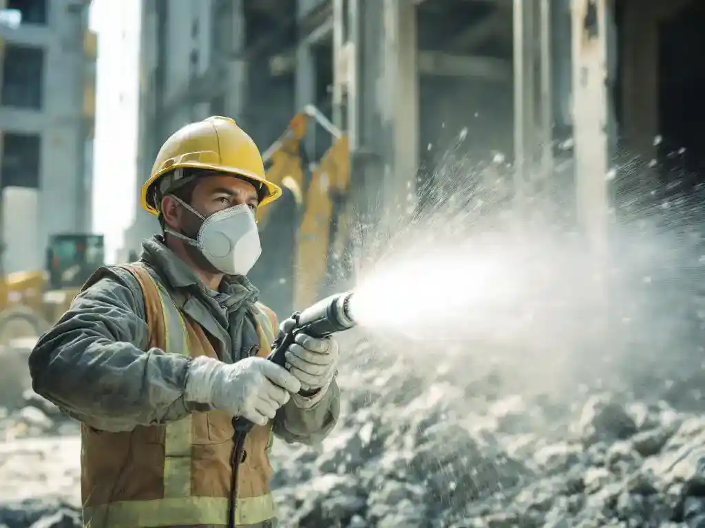 Bouwvakker met stofmasker en helm bedient watersproei-installatie tijdens sloopwerk om stofdeeltjes neer te slaan