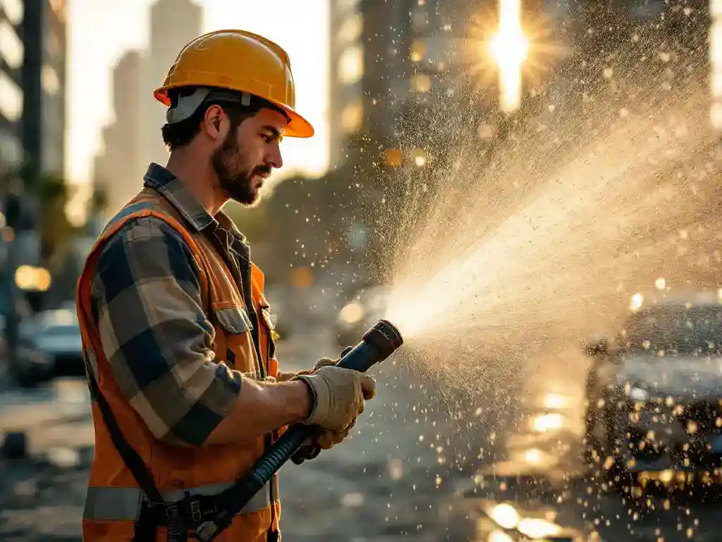 Bouwvakker met helm bedient sprinklerinstallatie om stofwolken te onderdrukken bij betonmenglocatie tijdens gouden uur