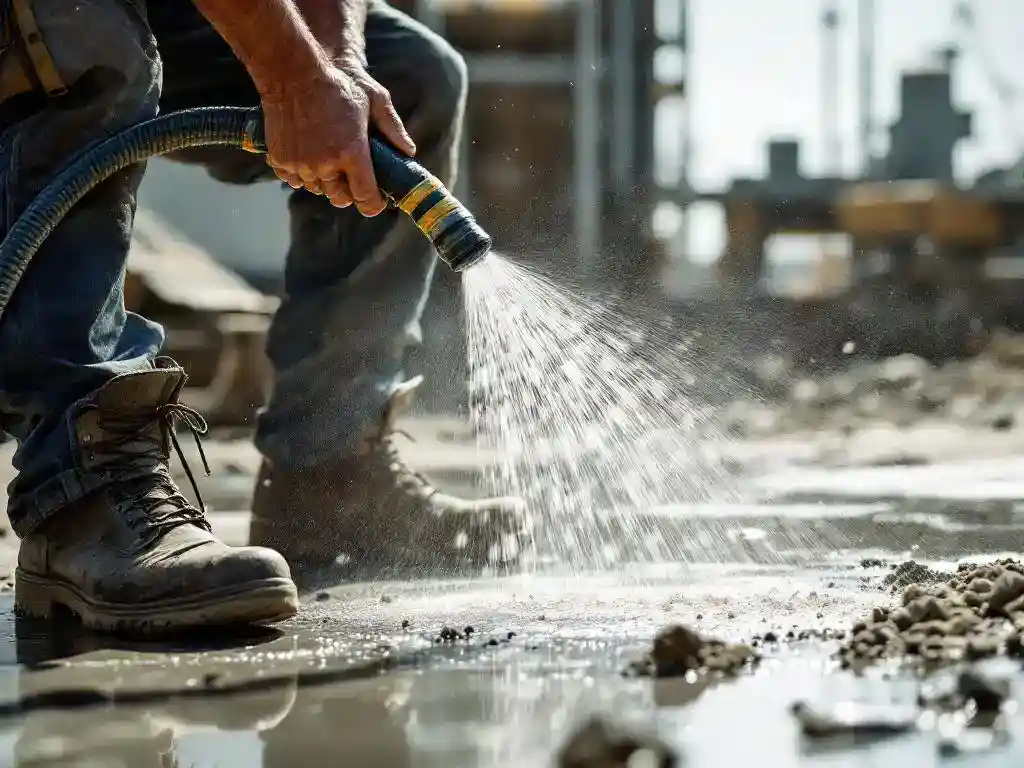 Bouwvakker sproeit water op stoffig beton met tuinslang, stofdeeltjes dwarrelen rond werkschoenen op bouwplaats