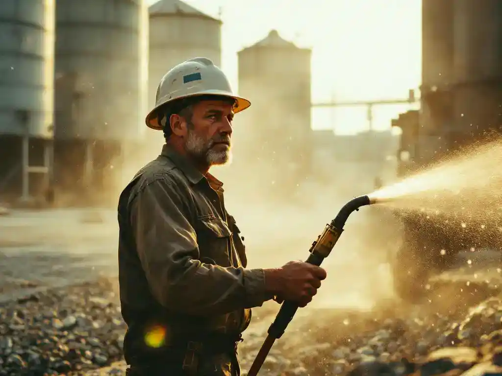 Bouwvakker bedient watersproeiwagen op stoffig grindterrein, regenboogeffect door zonlicht in waternevel