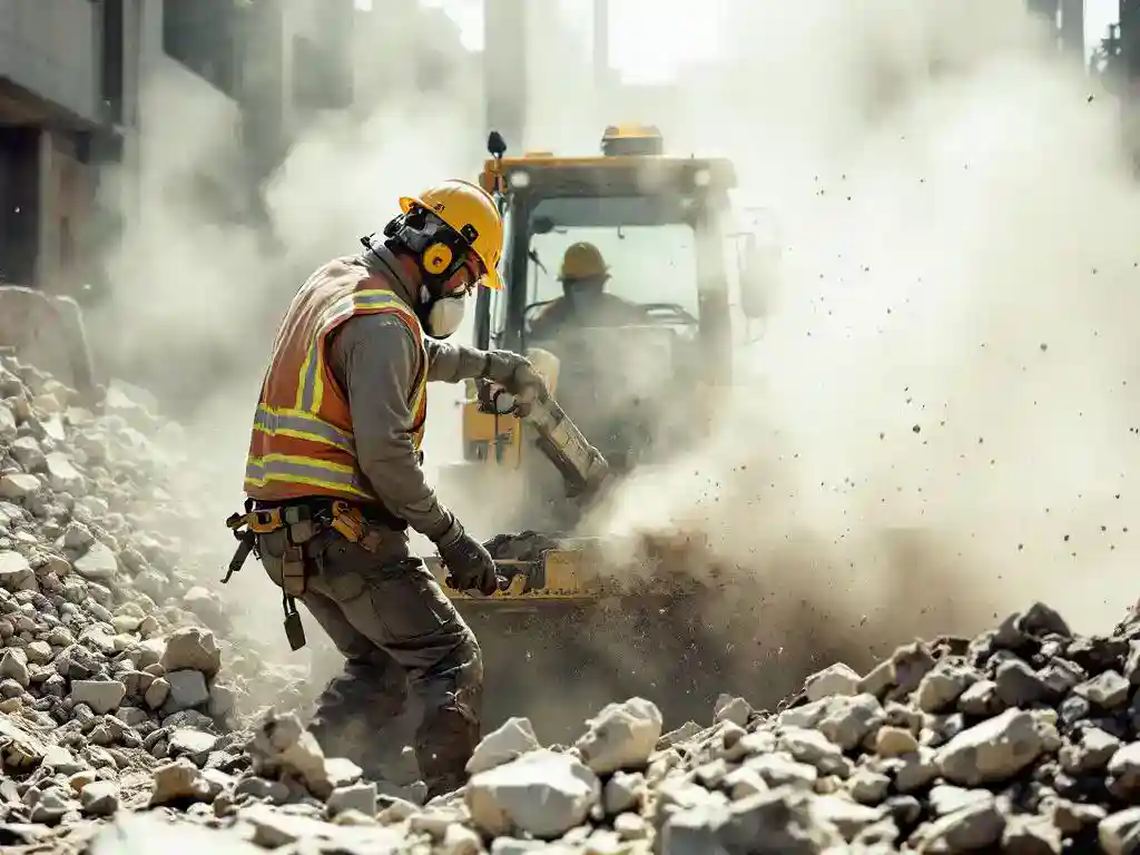Bouwvakker bedient graafmachine op bouwplaats, breekt beton af met stofwolken, draagt veiligheidsuitrusting