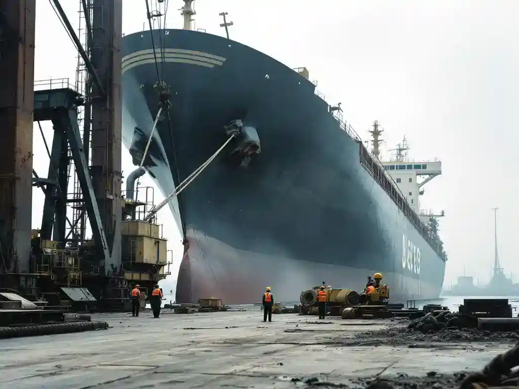 Groot vrachtschip aangemeerd bij industriële haven met stofdeeltjes op metalen oppervlakken en werknemers in veiligheidskleding