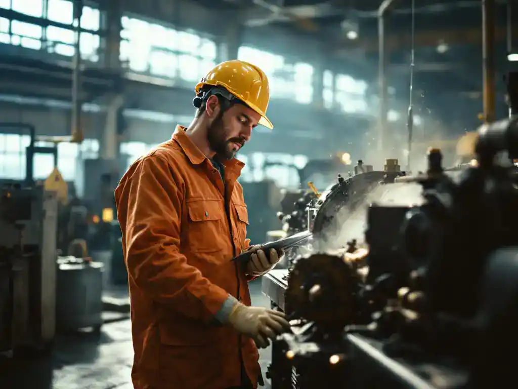 Duitse industriële arbeider in veiligheidsuitrusting inspecteert stofdeeltjes op metalen machines in goed verlichte fabriek