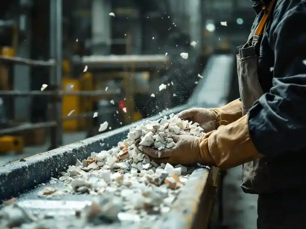 Fabrieksarbeider in beschermende uitrusting inspecteert plastic afval op transportband in stoffige recyclingfaciliteit