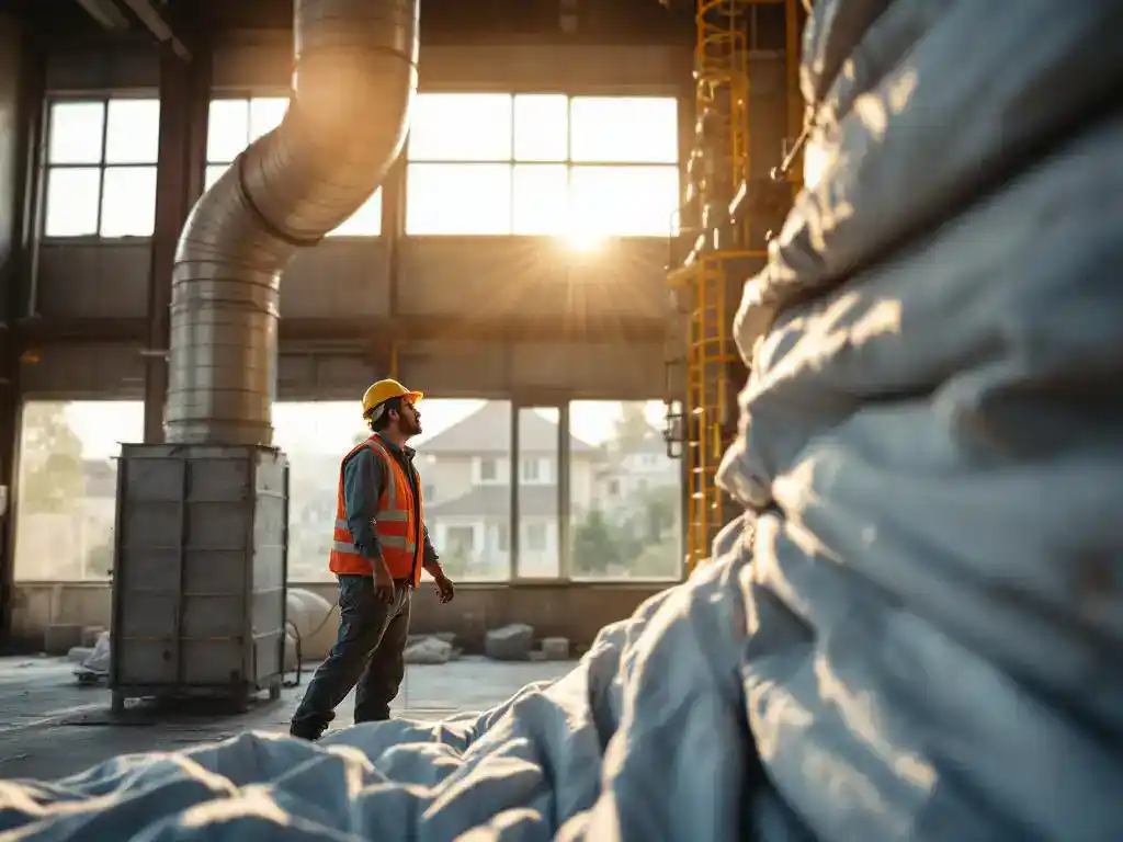 Fabrieksarbeider in veiligheidsuitrusting past industrieel stofafzuigsysteem aan met woonhuizen op achtergrond