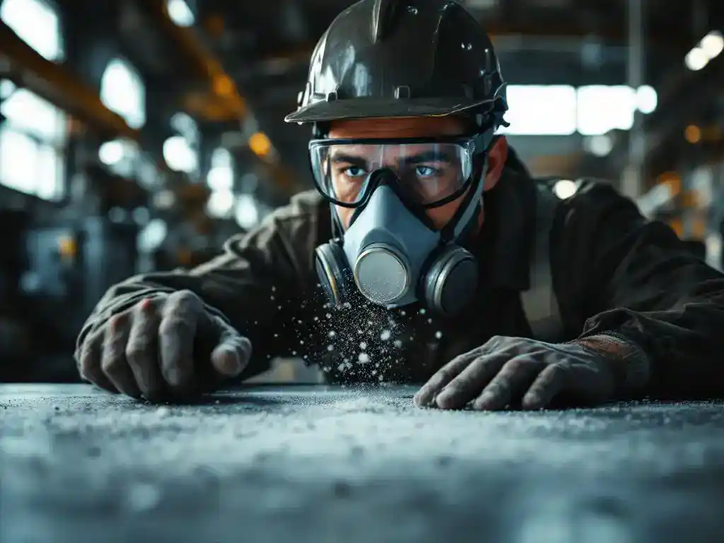 Fabrieksarbeider met beschermingsmasker en veiligheidsbril onderzoekt industrieel stof op werkbank in magazijn