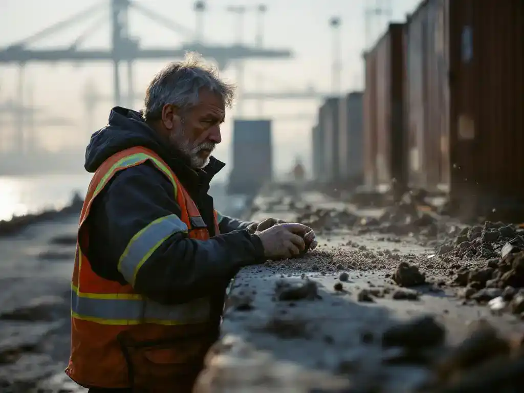 Havenarbeider in waarschuwingsvest onderzoekt stofdeeltjes op containers bij industriële kade tijdens gouden uur