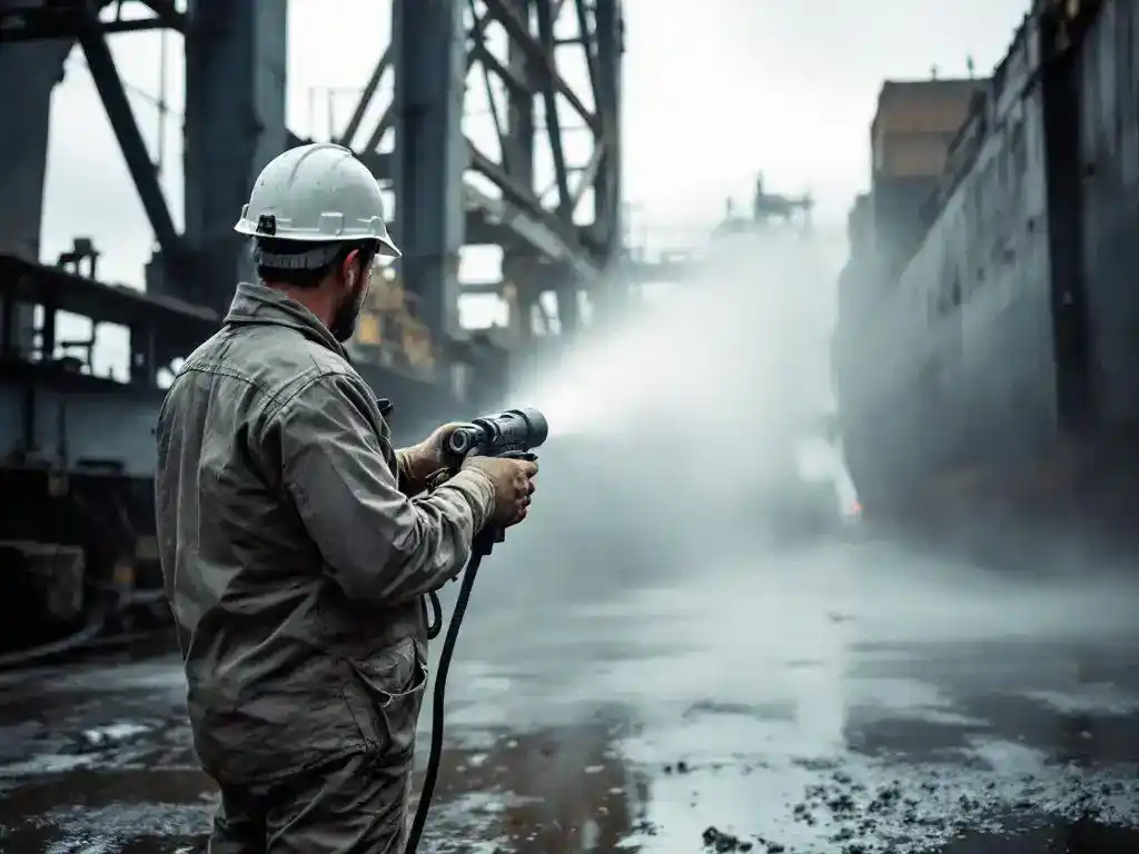 Havenarbeider bedient stofsuppressiesysteem tijdens het laden van bulkmateriaal op vrachtschip in industriële haven