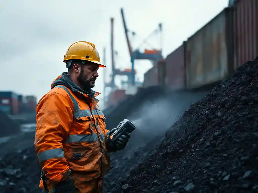 Industriële arbeider in veiligheidsvest controleert steenkool met stofmeetapparaat bij haven met kranen op achtergrond
