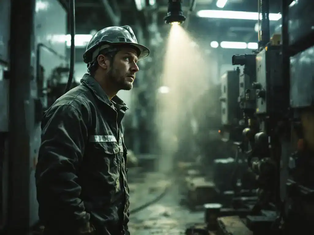 Industriële werker in veiligheidsuitrusting inspecteert defecte stofonderdrukkingssproeier in fabriek met stofdeeltjes