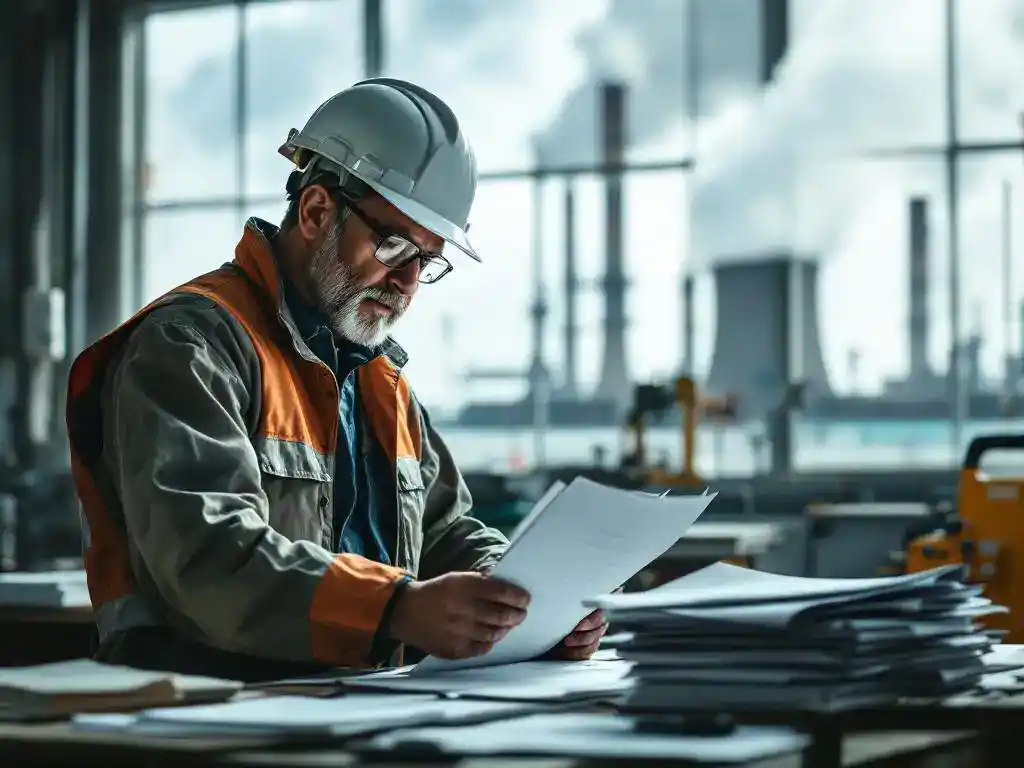 Industrieel ingenieur in helm bestudeert Europese regelgevingsdocumenten aan bureau in fabriek met schoorstenen op achtergrond