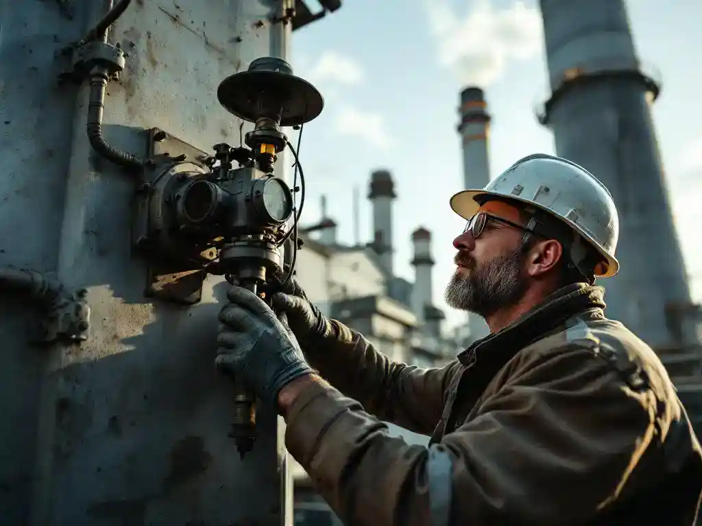 Industrieel ingenieur met helm past stofmonitor aan op fabrieksschoorsteen tijdens late namiddagzon