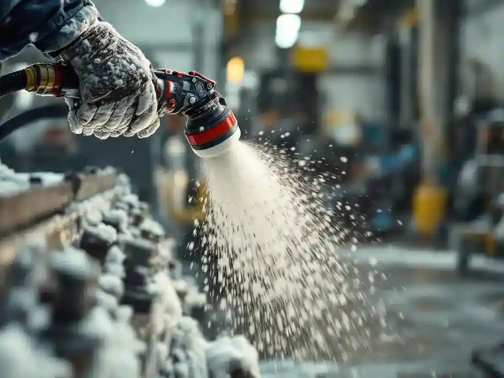 Technicus past industrieel schuim toe met professionele spuitpistool op metalen oppervlak in werkplaats