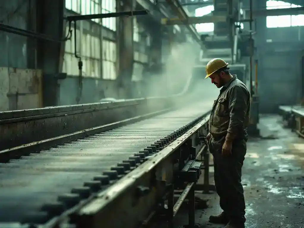 Onderhoudsmedewerker inspecteert stoffige transportband in industriële magazijn met zichtbare slijtage