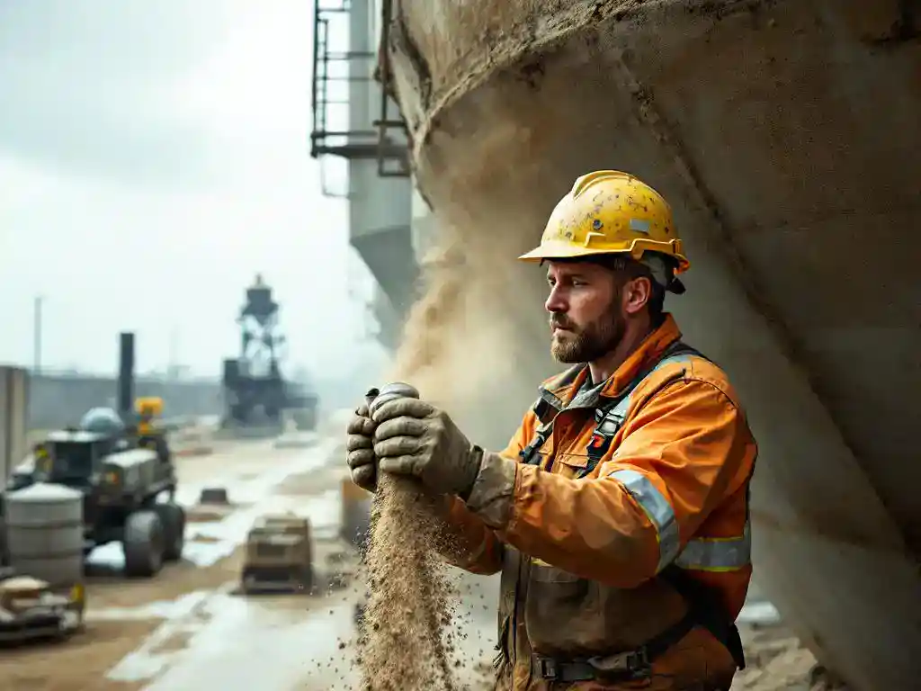 Industriële werker in veiligheidsuitrusting past stofafzuigapparatuur aan op betonnen silo met zichtbare stofdeeltjes