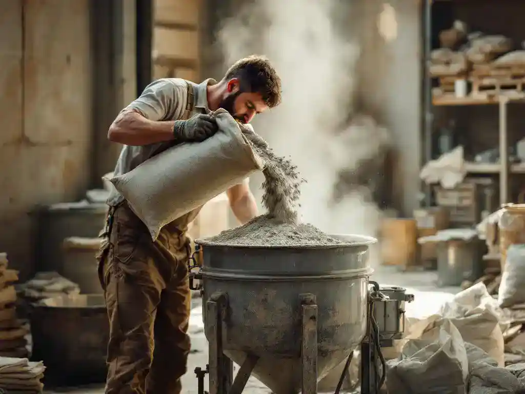 Industriële arbeider giet cementpoeder uit zak in metalen mengcontainer in betonnen fabriek