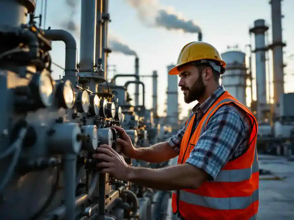 Fabrieksarbeider in veiligheidsvest past industriële luchtfilteringsapparatuur aan in schone industriële faciliteit