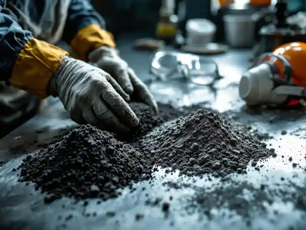 Gehandschoende handen van industriële arbeider onderzoeken koolstof- en ertsstof op metalen laboratoriumtafel