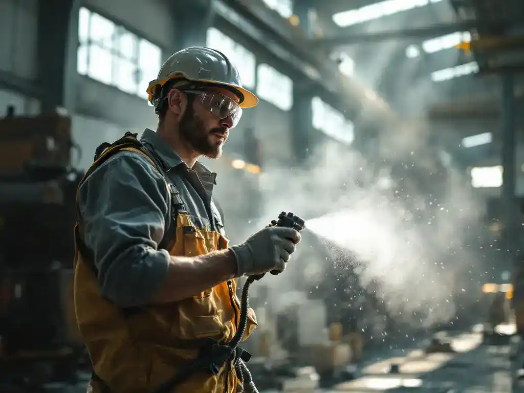 Industriële werker met veiligheidsbril bedient modern stofsuppressiesysteem in productiefaciliteit