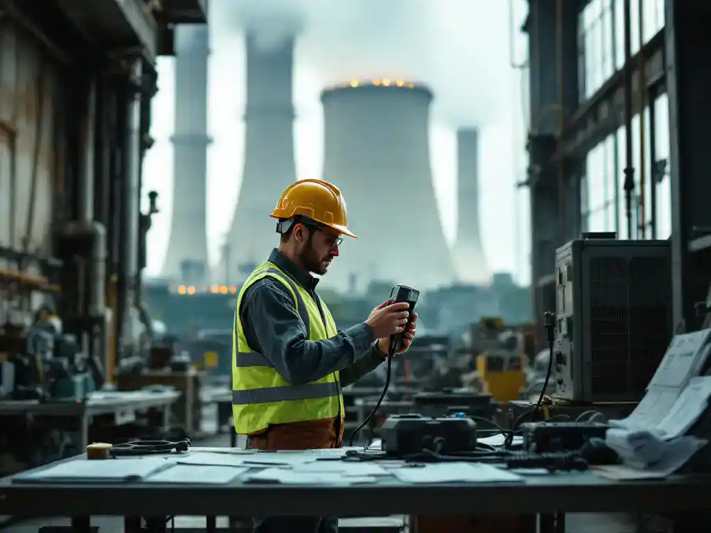 Fabrieksarbeider in veiligheidskleding onderzoekt stofmeetapparaat op industriële werkbank met schoorstenen op achtergrond