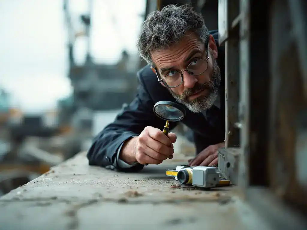 Professionele inspecteur onderzoekt stofdeeltjes op industriële apparatuur met vergrootglas op bouwplaats