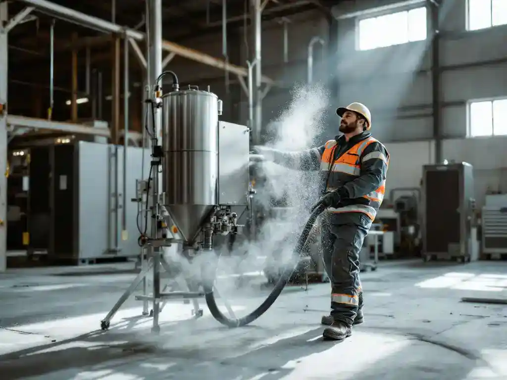 Onderhoudsmonteur bedient industrieel stofafzuigsysteem in magazijn, stofdeeltjes zichtbaar aangezogen door apparatuur